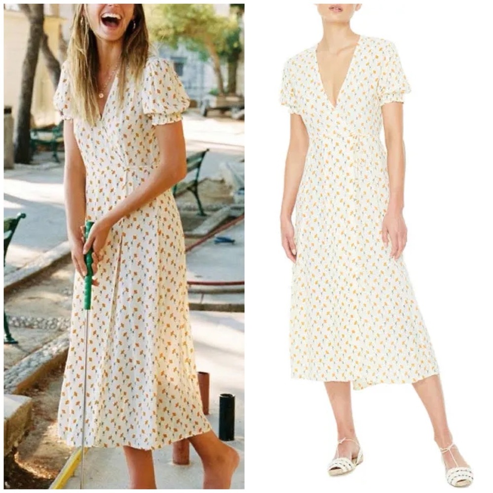 Faithfull The Brand Hana Wrap Dress Floral yellow Dress Size M